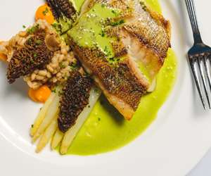 Golden Bass, White Asparagus, Morels, Cumin Pearl Barley, Parsley Sauce. Photo by Winter Caplanson, New England And Farm