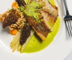 Golden Bass, White Asparagus, Morels, Cumin Pearl Barley, Parsley Sauce. Photo by Winter Caplanson, New England And Farm