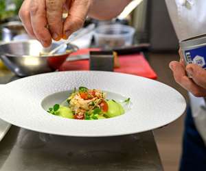 Crab Salad, green curry & tarragon scented English pea foam