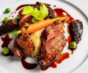Pam roasted squab, parsnip purée, morels & English peas, port wine sauce
